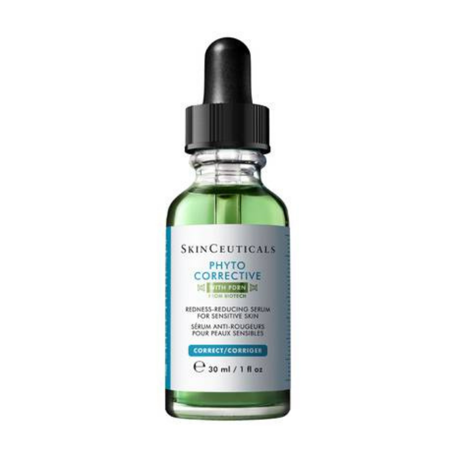 SkinCeuticals Phyto Corrective Redness-Reducing Serum in a 30 ml glass dropper bottle with a light blue label and green liquid inside, on a white background.