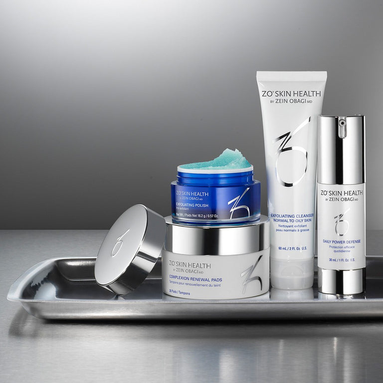 ZO Skin Health products on a silver tray