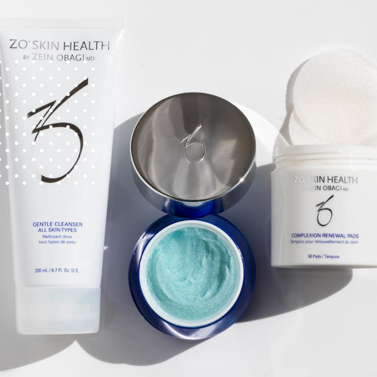 ZO Skin Health getting skin ready GSR products, ZO Gentle Cleanser ZO Exfoliating Polish and ZO Complexion Renewal Pads