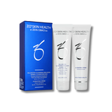 ZO Skin Health skincare products including a blue box and two white tubes on a white background