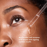 Close-up of a woman's eye with a dropper applying a product, text about accelerating cell turnover.