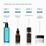 Skinceuticals skincare products with step-by-step instructions for a nighttime routine on a white background.