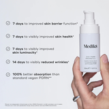 Medik8 skincare product with text highlighting benefits on a light gray background