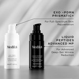 Two Medik8 skincare products on a gray background with text indicating their uses.