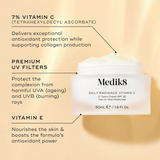 Medik8 Daily Radiance Vitamin C cream jar with text highlighting ingredients on a beige background