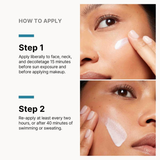 Instructional graphic showing how to apply a skincare cream, with text reading 'HOW TO APPLY' and two close-up panels of a woman's face receiving a white cream on the cheek.