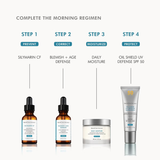 A skincare regimen infographic on a light gray background showing four BioEucreations products labeled Step 1 to Step 4: Silymarin CF, Blemish + Age Defense, Daily Moisture, and Oil Shield UV Defense SPF 50.