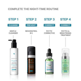 Four skincare products arranged in a step-by-step nighttime routine on a white background, with text labels for Step 1 Cleanse, Step 2 Prevent, Step 3 Correct, and Step 4 Correct. The products include a white pump bottle, a dark brown bottle, a green dropper bottle, and a mint green bottle.