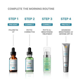 A skincare routine infographic showing four products labeled Step 1 to Step 4 with French text and product names: PHLOREtin CF, PHYTO CORRECTIVE, PHYTO A+ BRIGHTENING TREATMENT, and Advanced Brightening UV Defense SPF 50.