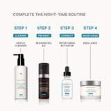 A skincare routine infographic showing four skinceuticals products labeled Step 1 to Step 4: Gentle Cleanser, Resveratrol B-E, Retrenching Activator, and Emollience, with text reading 'Complete the night-time routine' on a light gray background.