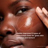 Close-up of a person's face with text about skin improvement on a brown background
