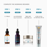 Skincare product lineup with step-by-step regimen on a white background