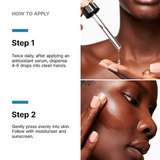 Instructions on how to apply P-TIOX with close-up images of skin care application.