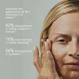 Woman touching her face with text on skin improvement benefits on a gray background ZO Growth FActor Serum New