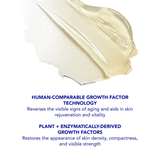 Close-up of the new zo skin health growth factor serum with text about human-comparable growth factor technology on a white background.
