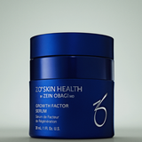 Blue jar of ZO Skin Health Growth Factor Serum on a gray background