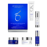 ZO Skin Health by Zein Obagi Bio Skin Tone Evening + Brightening Program set, featuring a blue outer box, a white tube, a white pump bottle, two blue-and-silver jars, and a blue-and-silver bottle, arranged on a plain white background.