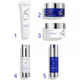 Five ZO Skin Health skincare products arranged on a white background with blue numbered labels 1 through 5. The products include a white tube, a blue jar, a silver-and-white jar, a silver bottle, and a blue bottle.
