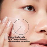 Close-up of a person applying a skincare product with text about UV protection and discoloration correction.