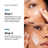 Instructions on how to apply a skincare product with close-up shots of a woman's face.