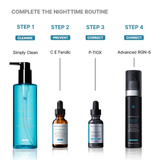 Skincare product lineup with step-by-step instructions for a nighttime routine on a white background.