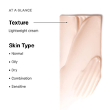 Lightweight cream texture with skin type compatibility information on a white background