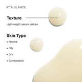 Product information card with texture and skin type compatibility details on a white background - AGE Interrupter Serum