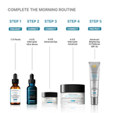 Step-by-step skincare routine with products on a white background - AGE Interrupter Serum