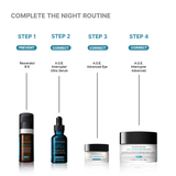 Skinceuticals lineup with step-by-step instructions for a night routine on a white background. AGE interrupter Ultra