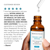 SkinCeuticals bottle with a dropper and customer review text.