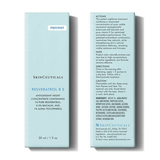 SkinCeuticals Resveratrol B E skincare product packaging with text on a white background