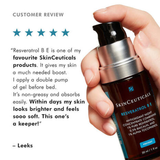 Hand holding a SkinCeuticals Resveratrol B E product with a five-star rating and customer review text.