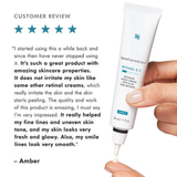 SkinCeuticals Retinol 0.3 cream tube held by a hand with a five-star customer review text overlay.