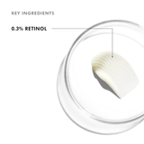Glass container with a white cream and labeled '0.3% Retinol' on a white background