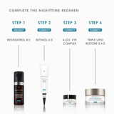 Skincare product lineup with step-by-step instructions on a white background